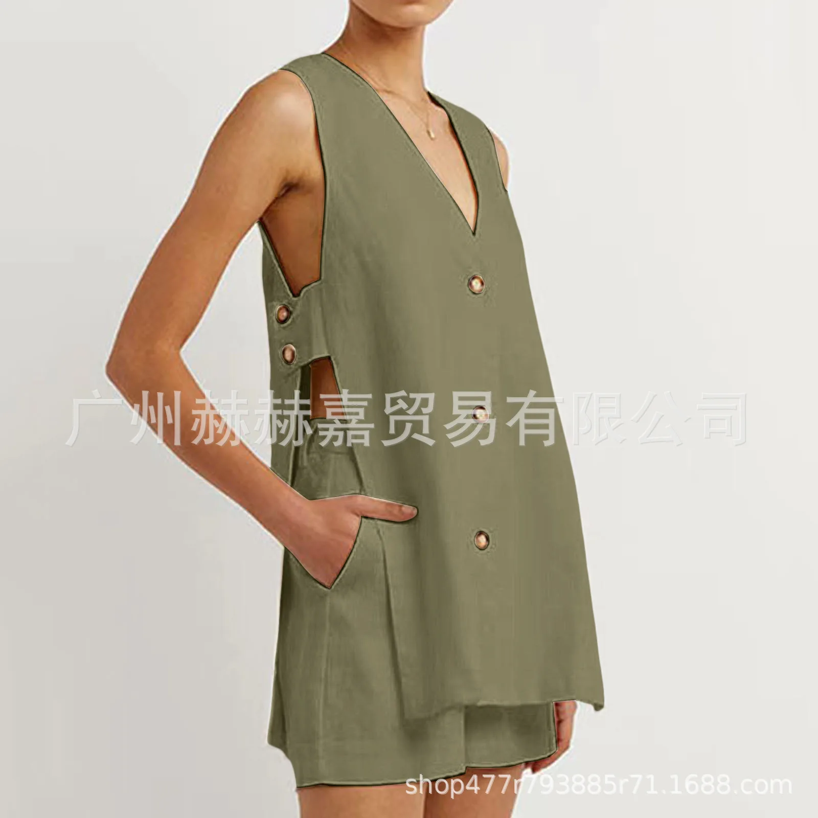 White Cotton Set For Women's Fashion Sexy Hollow Button Long Sleeveless Top Shorts Elastic Waist Comfortable Home Suit Women's White Cotton Set For Women's Fashion Sexy Hollow Button Long Sleeveless Top Shorts Elastic Waist Comfortable Home Suit Women's