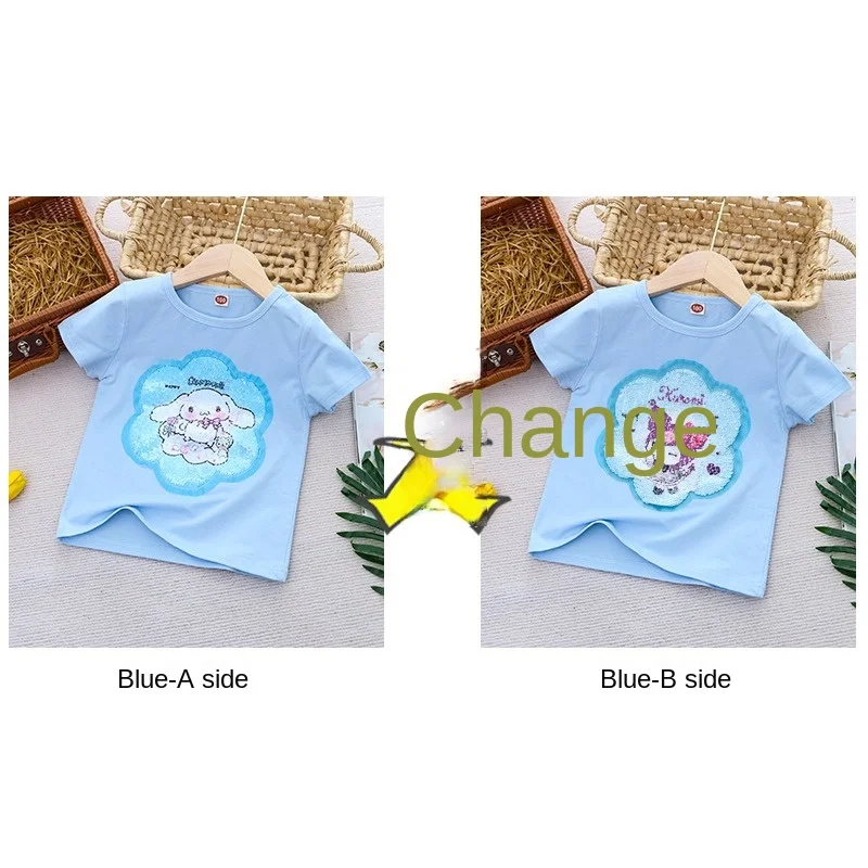 Sanrio Girl Short Sleeve T-Shirt Hello Kitty Kuromi Cinnamoroll Girls' Cotton Material T-shirt Multi Colored Cartoon Pattern Top