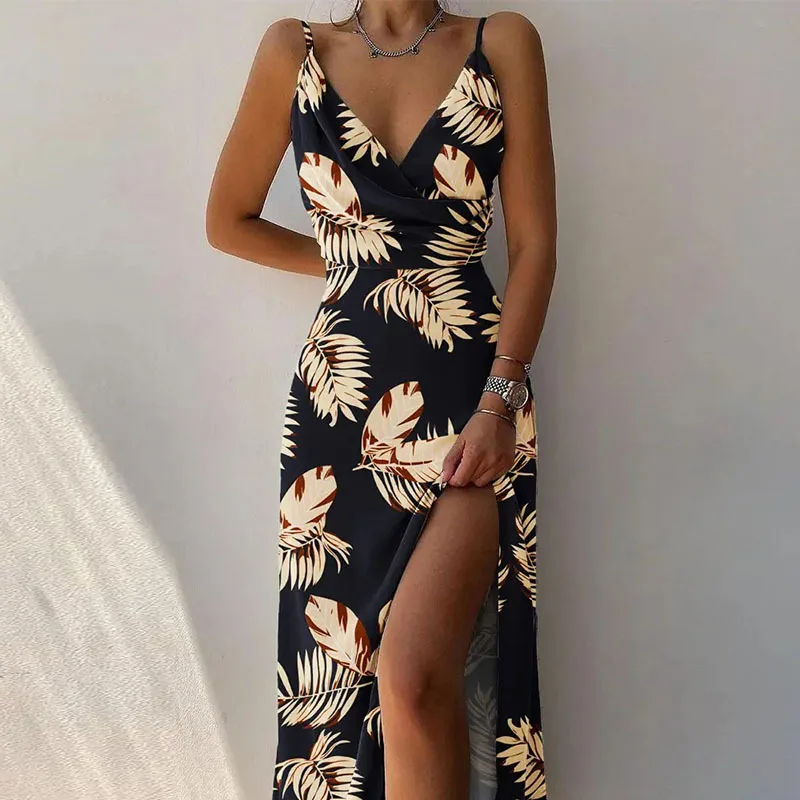Long Dress Women's 2024 Summer Sleeveless Sexy Suspender V-Neck Slit Printed Dress Long Dress Women's 2024 Summer Sleeveless Sexy Suspender V-Neck Slit Printed Dress