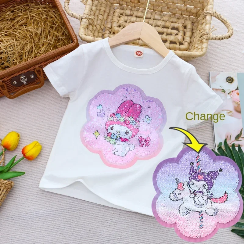 Sanrio Girl Short Sleeve T-Shirt Hello Kitty Kuromi Cinnamoroll Girls' Cotton Material T-shirt Multi Colored Cartoon Pattern Top