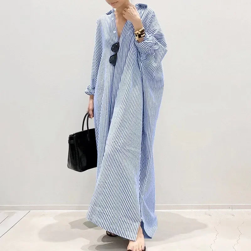 Summer New Women's Robe Fashion Stripe Single Breasted Shirt Loose Casual Style Elegant Women's Cotton and Hemp Long Dress