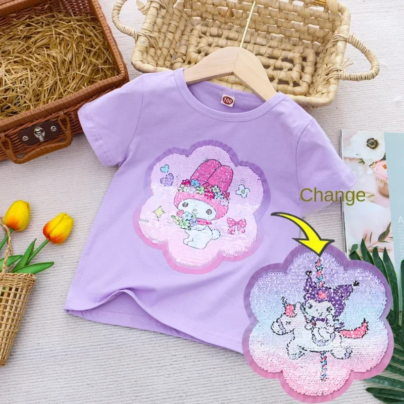 Sanrio Girl Short Sleeve T-Shirt Hello Kitty Kuromi Cinnamoroll Girls' Cotton Material T-shirt Multi Colored Cartoon Pattern Top