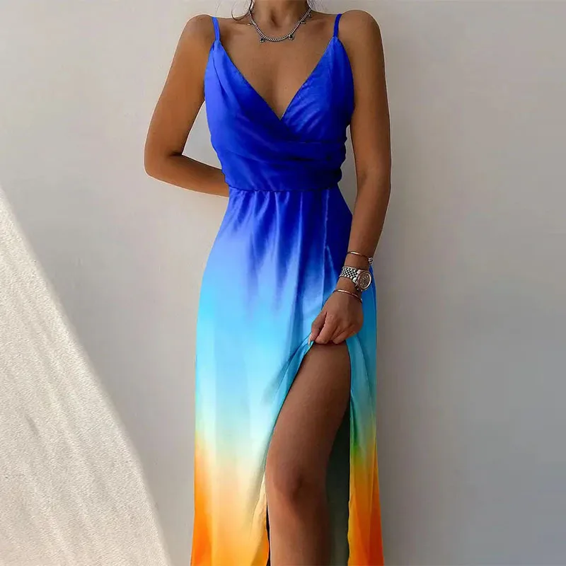 Long Dress Women's 2024 Summer Sleeveless Sexy Suspender V-Neck Slit Printed Dress Long Dress Women's 2024 Summer Sleeveless Sexy Suspender V-Neck Slit Printed Dress