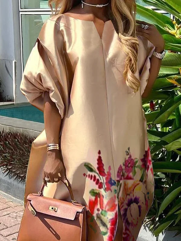 Bonboho Women's Long Dress 2024 Fashion Round Neck Puff Sleeves Floral Print Evening Dresses Split-front Loose Fit Party Dress
