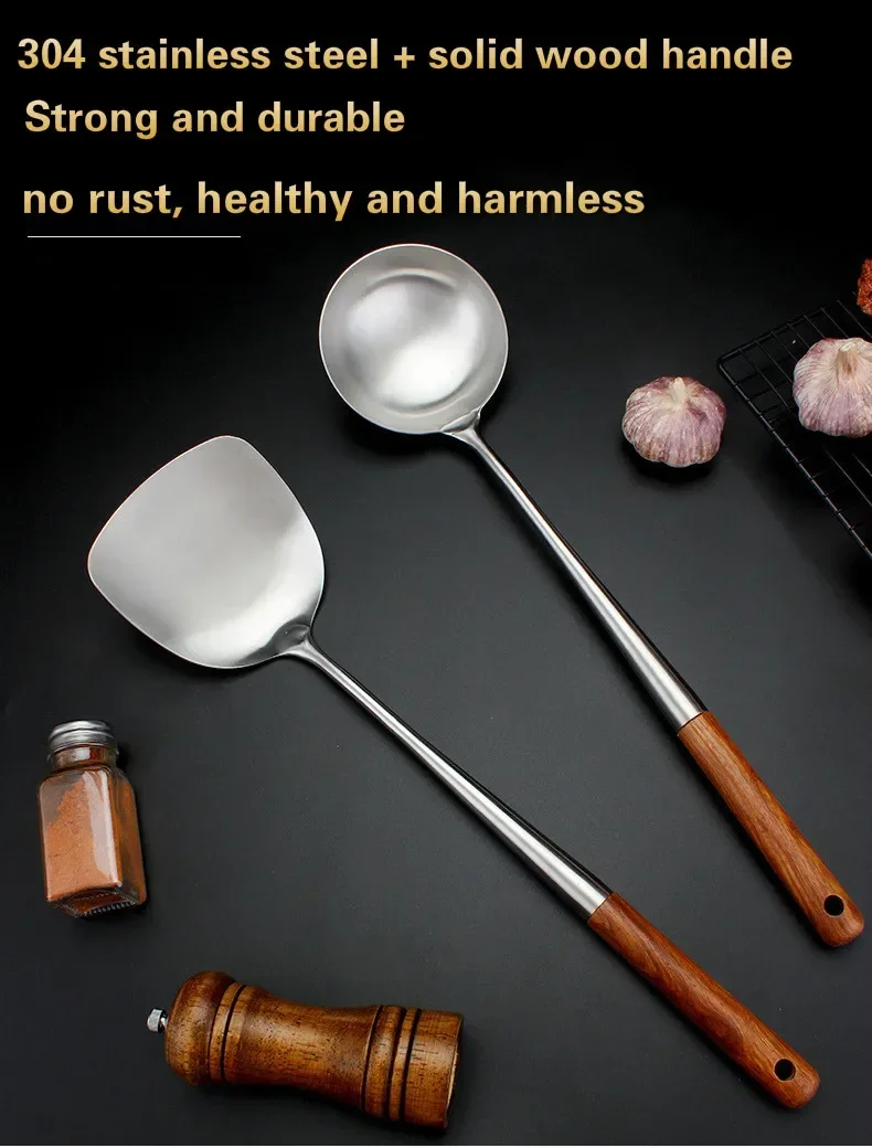 304 Stainless Steel Spatula Spoon With Wooden Handle Lengthened Cooking Spoon Anti-Scalding Cooking Shovel Kitchenware 304 Stainless Steel Spatula Spoon With Wooden Handle Lengthened Cooking Spoon Anti-Scalding Cooking Shovel Kitchenware