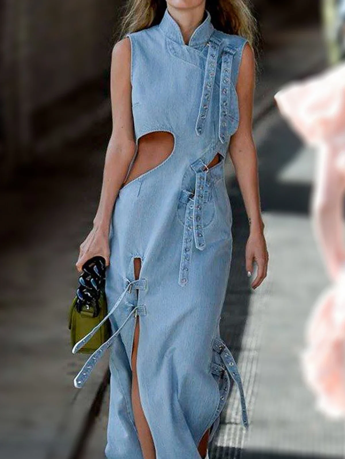Women's Denim Mandarin Dress Sleeveless Cut Out Stand Collar Buckle Lace-up Straight Dress Elegant Casual Vintage Long Dress Women's Denim Mandarin Dress Sleeveless Cut Out Stand Collar Buckle Lace-up Straight Dress Elegant Casual Vintage Long Dress