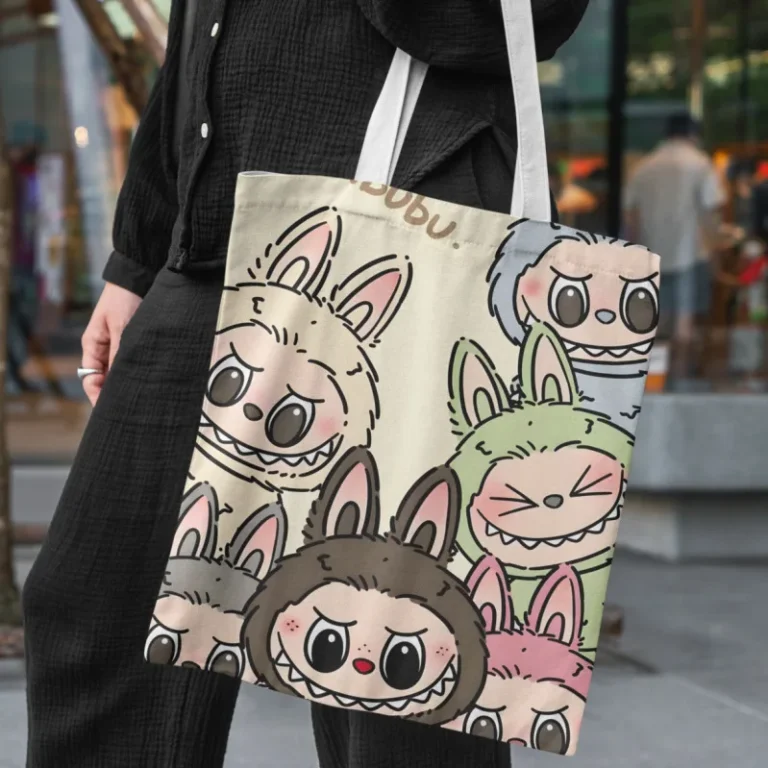 Labubu Creative Cartoon Anime Periphery Cute Print Student One Shoulder Hand Felt Bag Portable Open Large Capacity Travel Bag