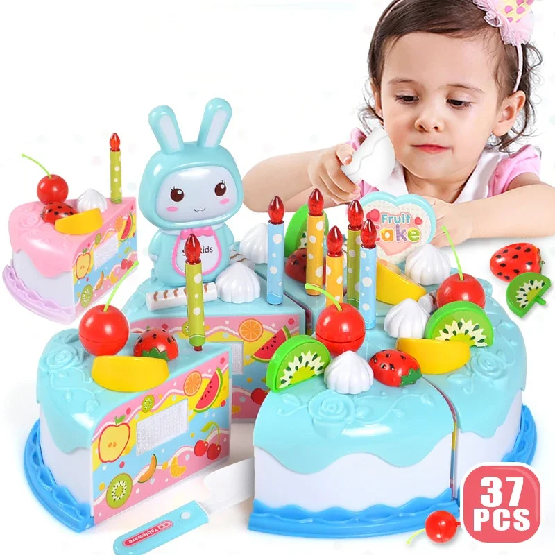Kids Toy Simulation DIY Birthday Cake Model Kitchen Pretend Play House Cutting Fruit Food Toy for Toddler Children Gift Boy Girl