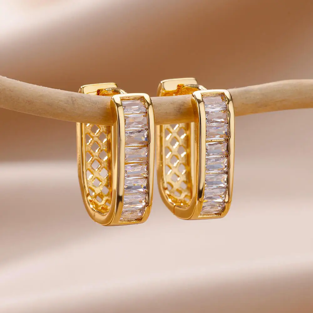 Shiny Zircon Circle Square Hoop Earrings for Women Gold Color Stainless Steel Earrings Luxury Christmas Jewelry Wedding aretes Shiny Zircon Circle Square Hoop Earrings for Women Gold Color Stainless Steel Earrings Luxury Christmas Jewelry Wedding aretes