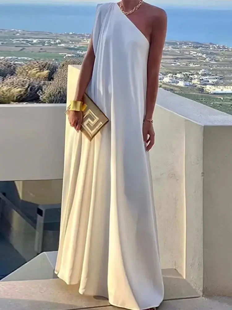 Yeezzi Women's Solid Color Summer One-Shoulder Maxi Dresses 2025 New Loose Asymmetrical Urban Elegant Party Evening Long Dress