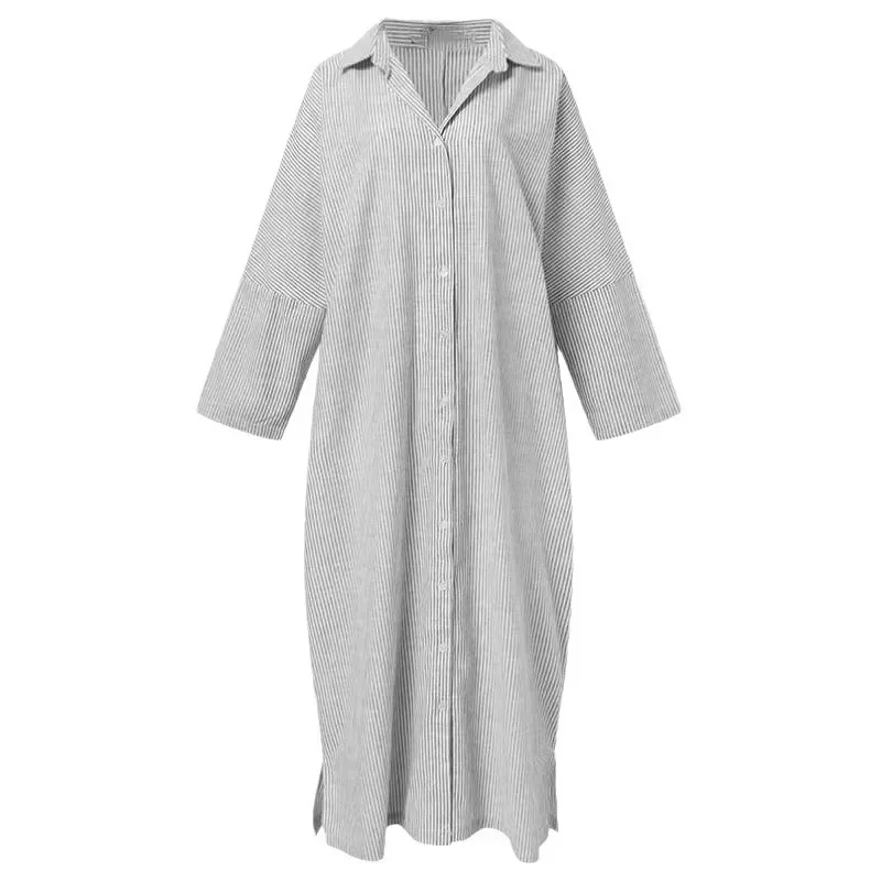 Summer New Women's Robe Fashion Stripe Single Breasted Shirt Loose Casual Style Elegant Women's Cotton and Hemp Long Dress