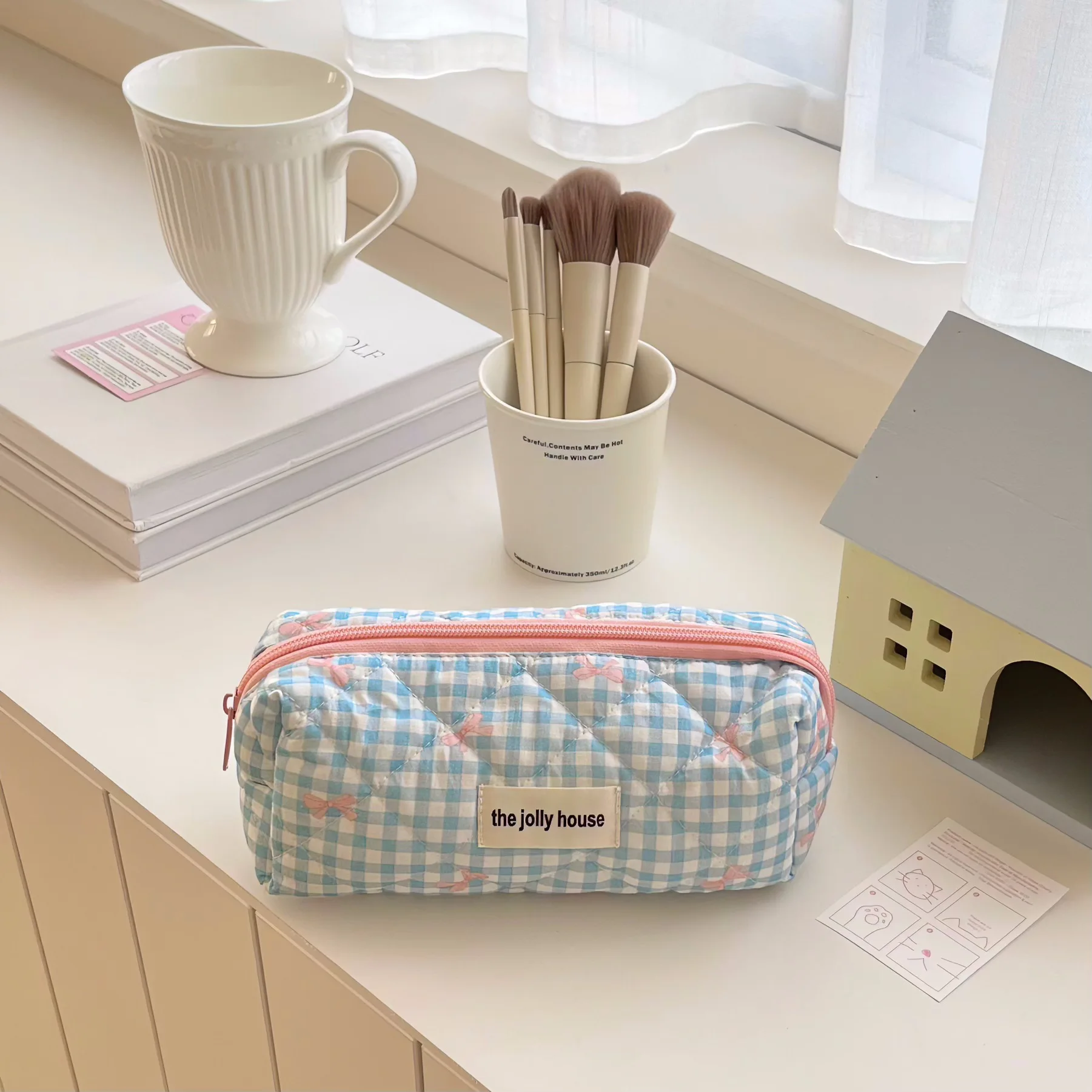Fresh Plaid Bow Print Pencil Case Big Size Pen Bag Quilting Seam Stationary Storage Pouch