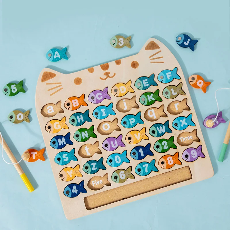 Kids Wooden Fishing Game Toys Gifts Early Education Alphabet Numeric Cognitive Toys Children Interactive Games Toys for Gifts
