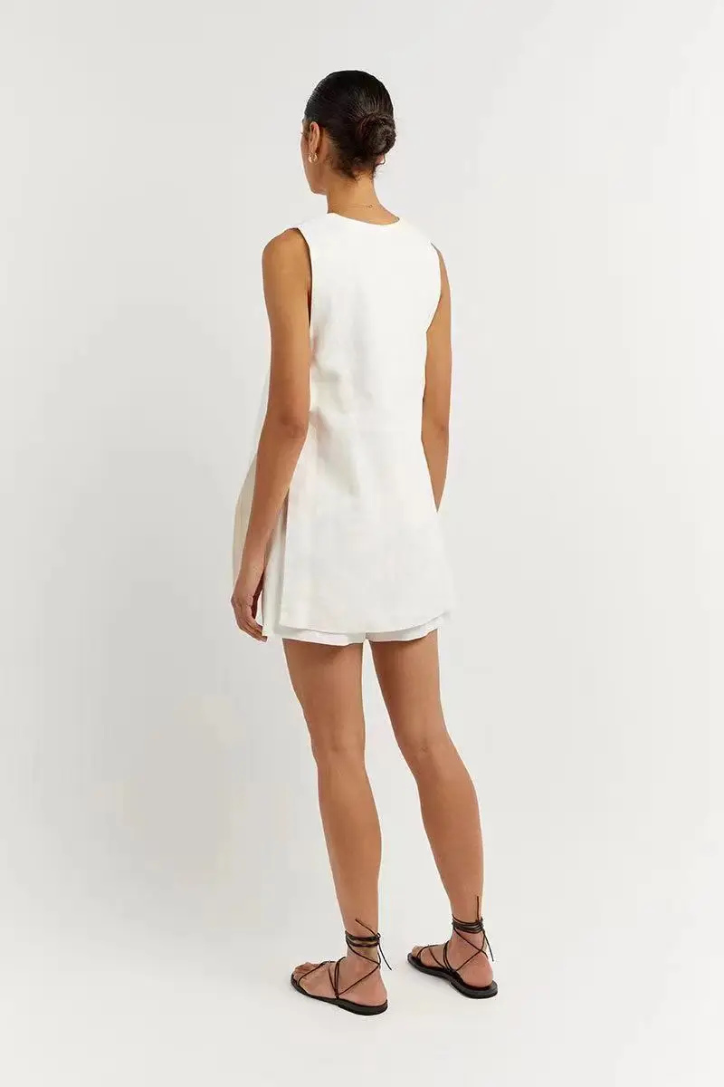 White Cotton Set For Women's Fashion Sexy Hollow Button Long Sleeveless Top Shorts Elastic Waist Comfortable Home Suit Women's White Cotton Set For Women's Fashion Sexy Hollow Button Long Sleeveless Top Shorts Elastic Waist Comfortable Home Suit Women's