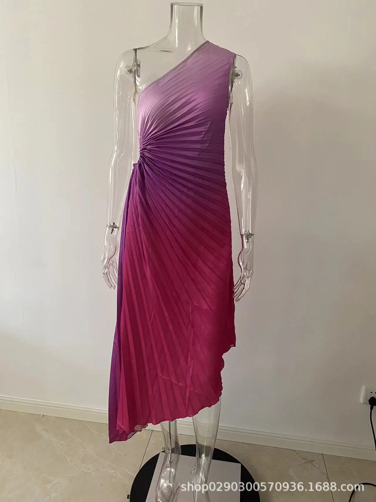 Suninheart One Shoulder Summer Gradient Dresses for Women Pleated Long Party Dresses Elegant Cut Out Dress