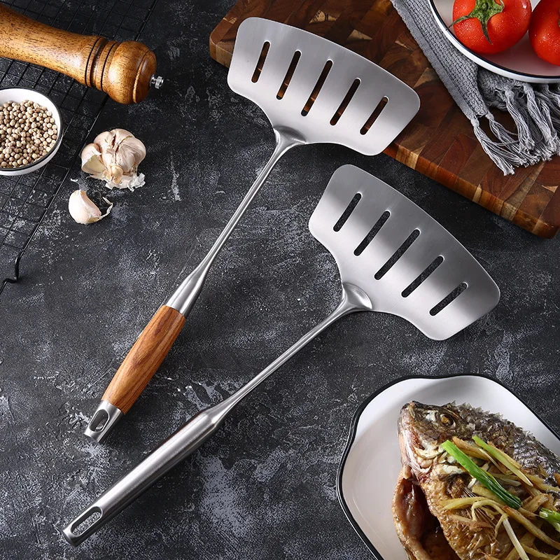 Large Stainless Steel Fish Frying Spatula Egg Pan Scoop Nonstick Long Wood Handle Steak Slotted Flat Shovel Kitchen Cooking Tool
