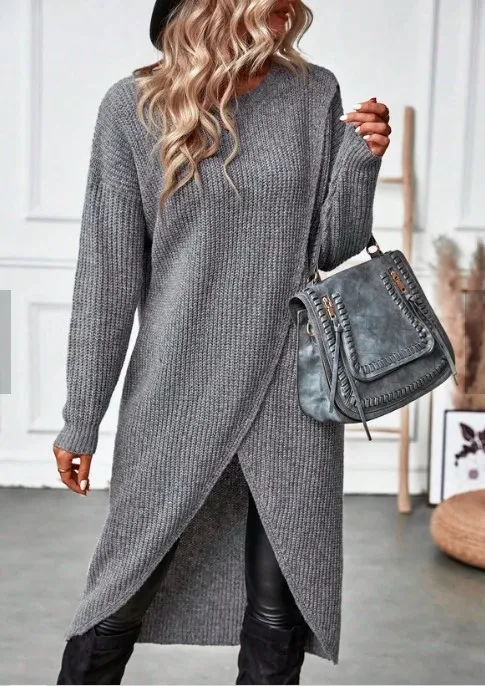 Women's Autumn Knitted Long Dress Solid Color Round Neck Pullover Long Sleeve Slim Temperament Commuting Irregular Dress Jacket Women's Autumn Knitted Long Dress Solid Color Round Neck Pullover Long Sleeve Slim Temperament Commuting Irregular Dress Jacket