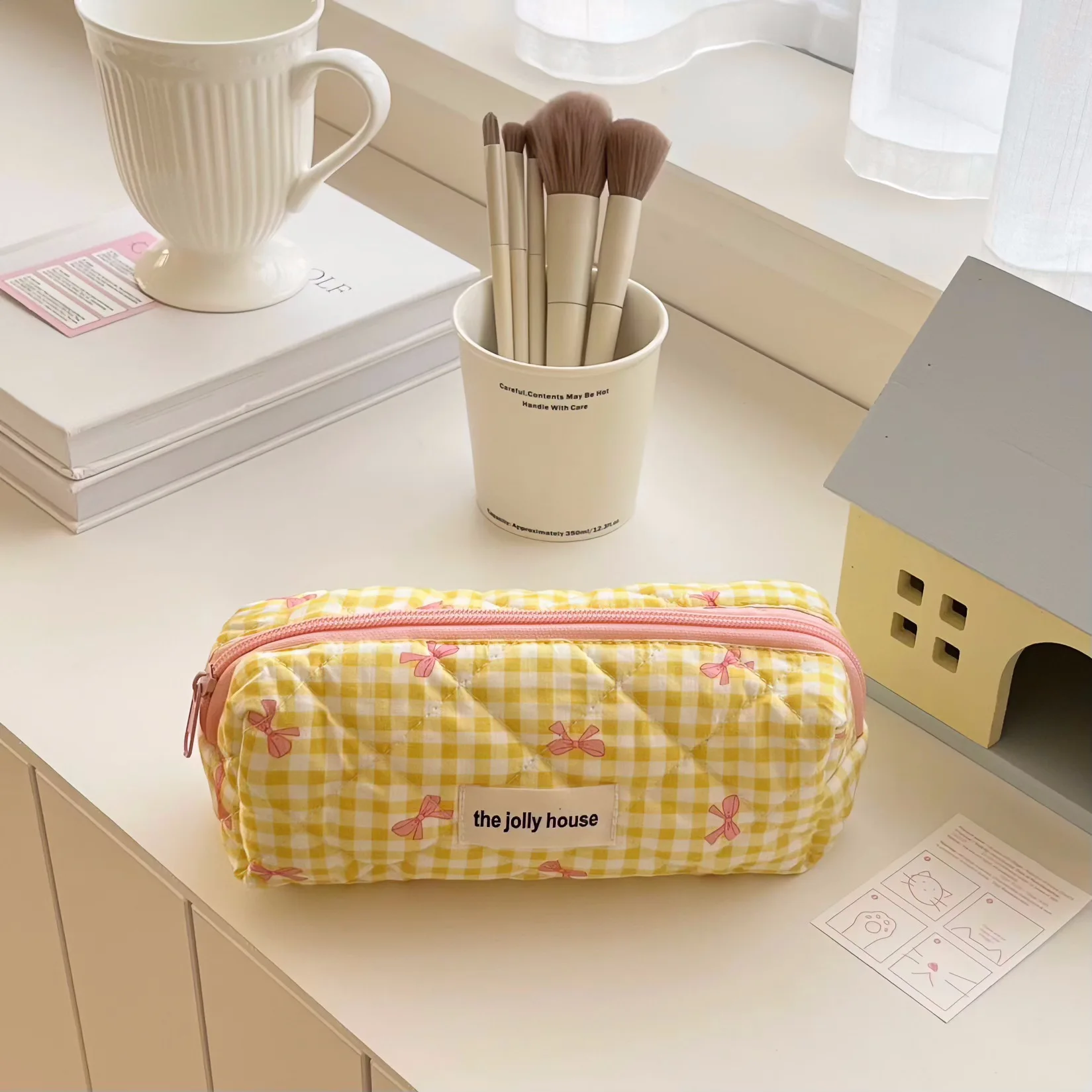 Fresh Plaid Bow Print Pencil Case Big Size Pen Bag Quilting Seam Stationary Storage Pouch