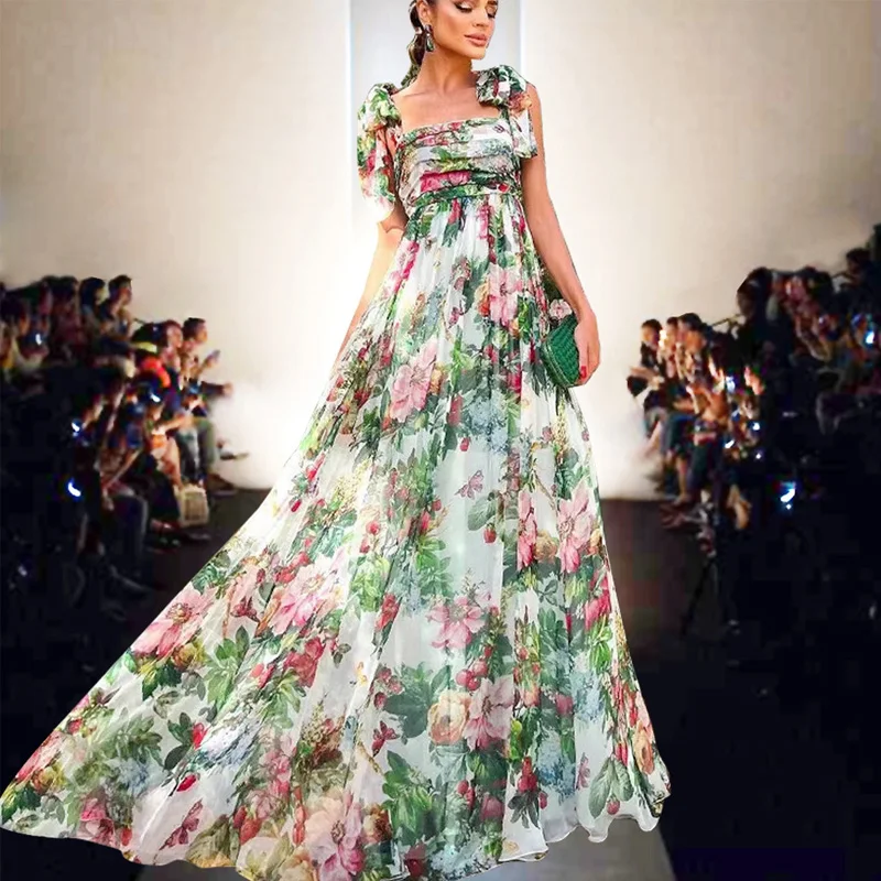 Sexy Summer Party Dress Women Fashion Bow Straps High Waist Pleated Beach Dress Chiffon Casual Floral Print Bohemian Long Dress Sexy Summer Party Dress Women Fashion Bow Straps High Waist Pleated Beach Dress Chiffon Casual Floral Print Bohemian Long Dress