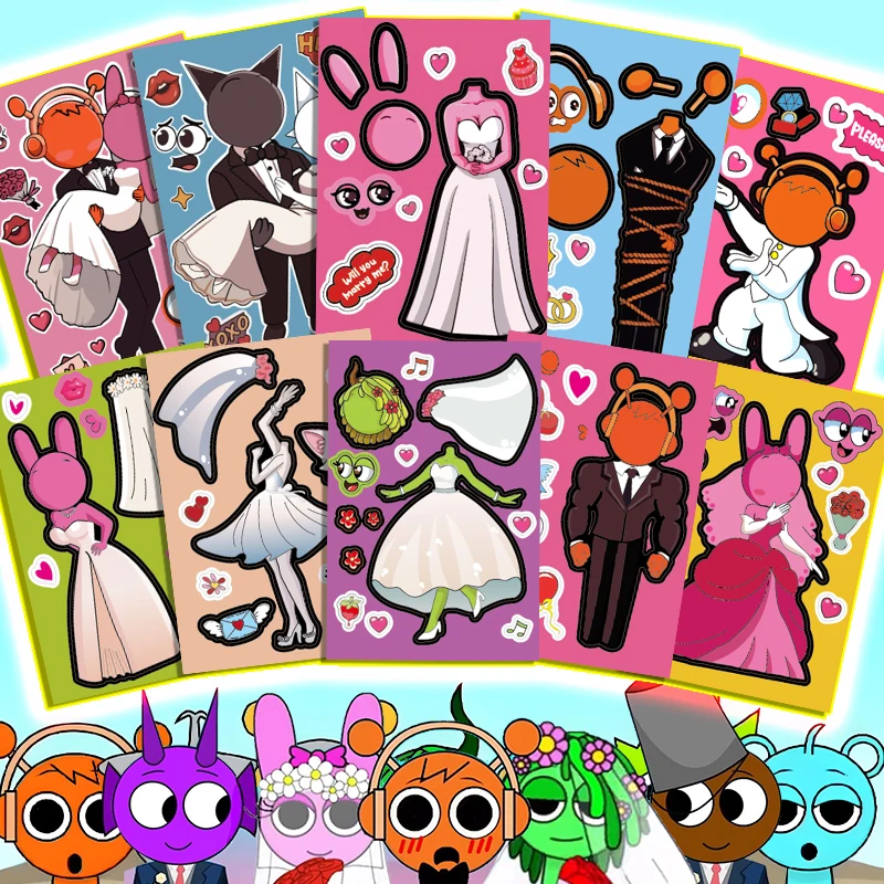 10 Sheets Sprunki Stickers Make A Face Puzzle Stickers Cartoon Parent-child Interactive Puzzle Ledger DIY Face Stickers Kid Gift