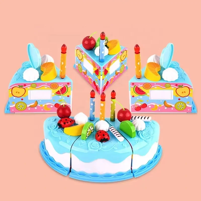 Kids Toy Simulation DIY Birthday Cake Model Kitchen Pretend Play House Cutting Fruit Food Toy for Toddler Children Gift Boy Girl