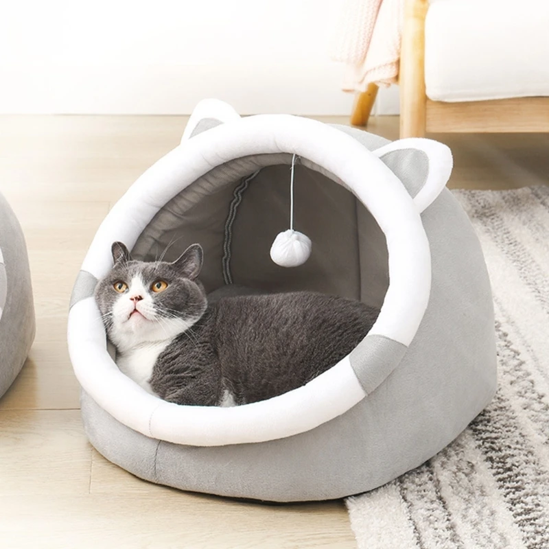 Plush Bed Pet Half Enclosed House Small Kitten Sleeping Bed Warm Resting Bed for Pet Cats Small Dog with Thick Liner