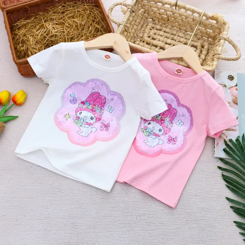 Sanrio Girl Short Sleeve T-Shirt Hello Kitty Kuromi Cinnamoroll Girls' Cotton Material T-shirt Multi Colored Cartoon Pattern Top