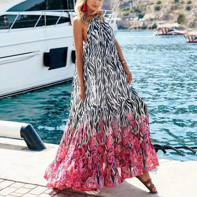 Sexy Summer Party Dress Women Fashion Bow Straps High Waist Pleated Beach Dress Chiffon Casual Floral Print Bohemian Long Dress Sexy Summer Party Dress Women Fashion Bow Straps High Waist Pleated Beach Dress Chiffon Casual Floral Print Bohemian Long Dress