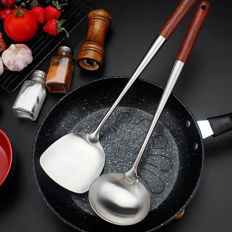 304 Stainless Steel Spatula Spoon With Wooden Handle Lengthened Cooking Spoon Anti-Scalding Cooking Shovel Kitchenware 304 Stainless Steel Spatula Spoon With Wooden Handle Lengthened Cooking Spoon Anti-Scalding Cooking Shovel Kitchenware