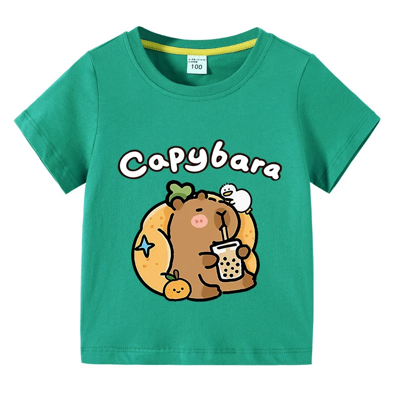 Children Cotton T-shirt Kids Capybara T-shirt 3-10Years Child Boys Cute Capibara Round Neck Tops Tee Kids Clothes For Summer