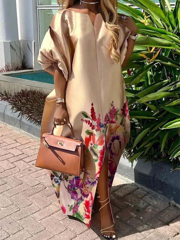 Bonboho Women's Long Dress 2024 Fashion Round Neck Puff Sleeves Floral Print Evening Dresses Split-front Loose Fit Party Dress