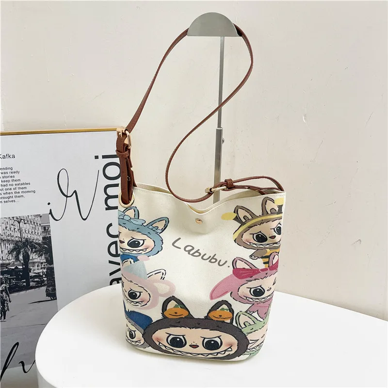 Cartoon LABUBU Canvas Bag for Students Large Capacity Commuting One Shoulder Bucket Crossbody Bag Anime Gift Cartoon LABUBU Canvas Bag for Students Large Capacity Commuting One Shoulder Bucket Crossbody Bag Anime Gift