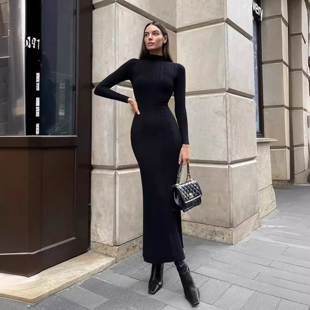 Women Elegant Long Sleeve Knitted Maxi Dress High Neck Bottoming Striped Sweater Slim Long Dress Bodycon Party Club Streetwear Women Elegant Long Sleeve Knitted Maxi Dress High Neck Bottoming Striped Sweater Slim Long Dress Bodycon Party Club Streetwear