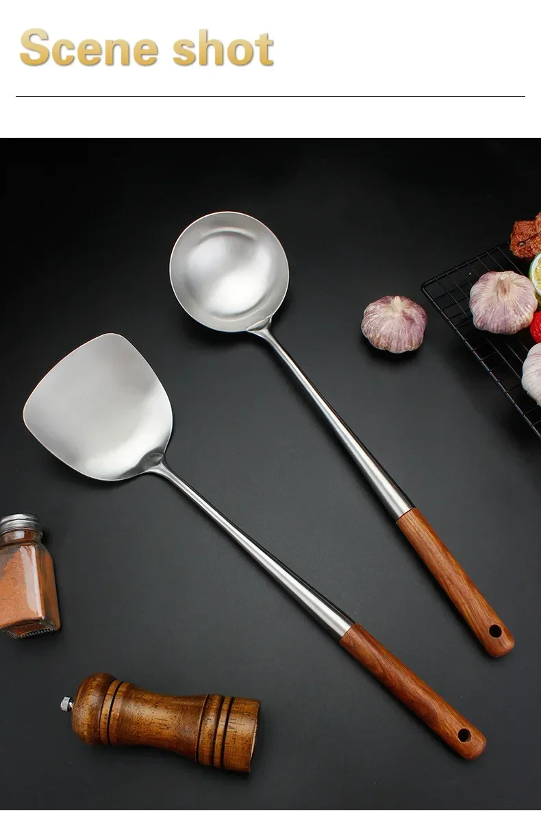 304 Stainless Steel Spatula Spoon With Wooden Handle Lengthened Cooking Spoon Anti-Scalding Cooking Shovel Kitchenware 304 Stainless Steel Spatula Spoon With Wooden Handle Lengthened Cooking Spoon Anti-Scalding Cooking Shovel Kitchenware