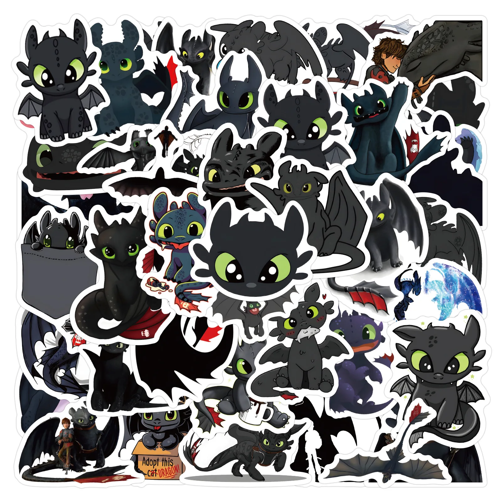 50PCS Cartoon Toothless Stickers Black Dragon DIY Stickers Scrapbooking Phone Luggage Skateboard Waterproof Decals