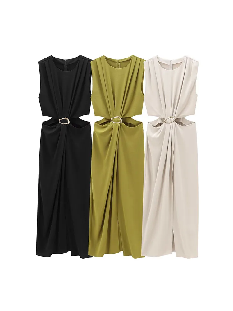 2024 Women's Autumn and Winter New Arrivals Fashion Temperament Open Design Buckle Decoration Sleeveless Long Dress
