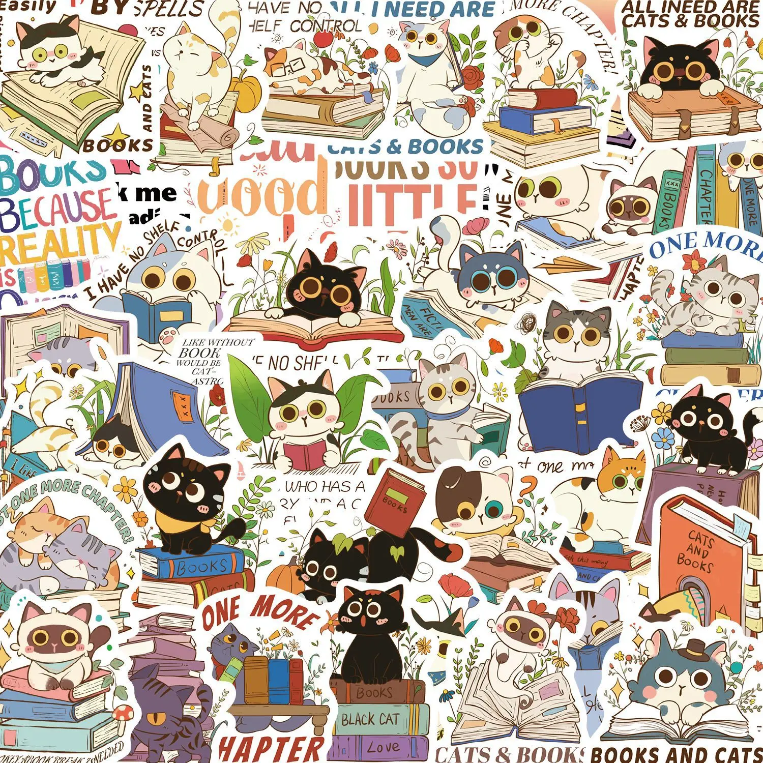 60pcs Cats and Books Cartoon Graffiti Stickers Phone Guitar Laptop Notebook Suitcase Water Bottles Waterproof Sticker Kids Toys