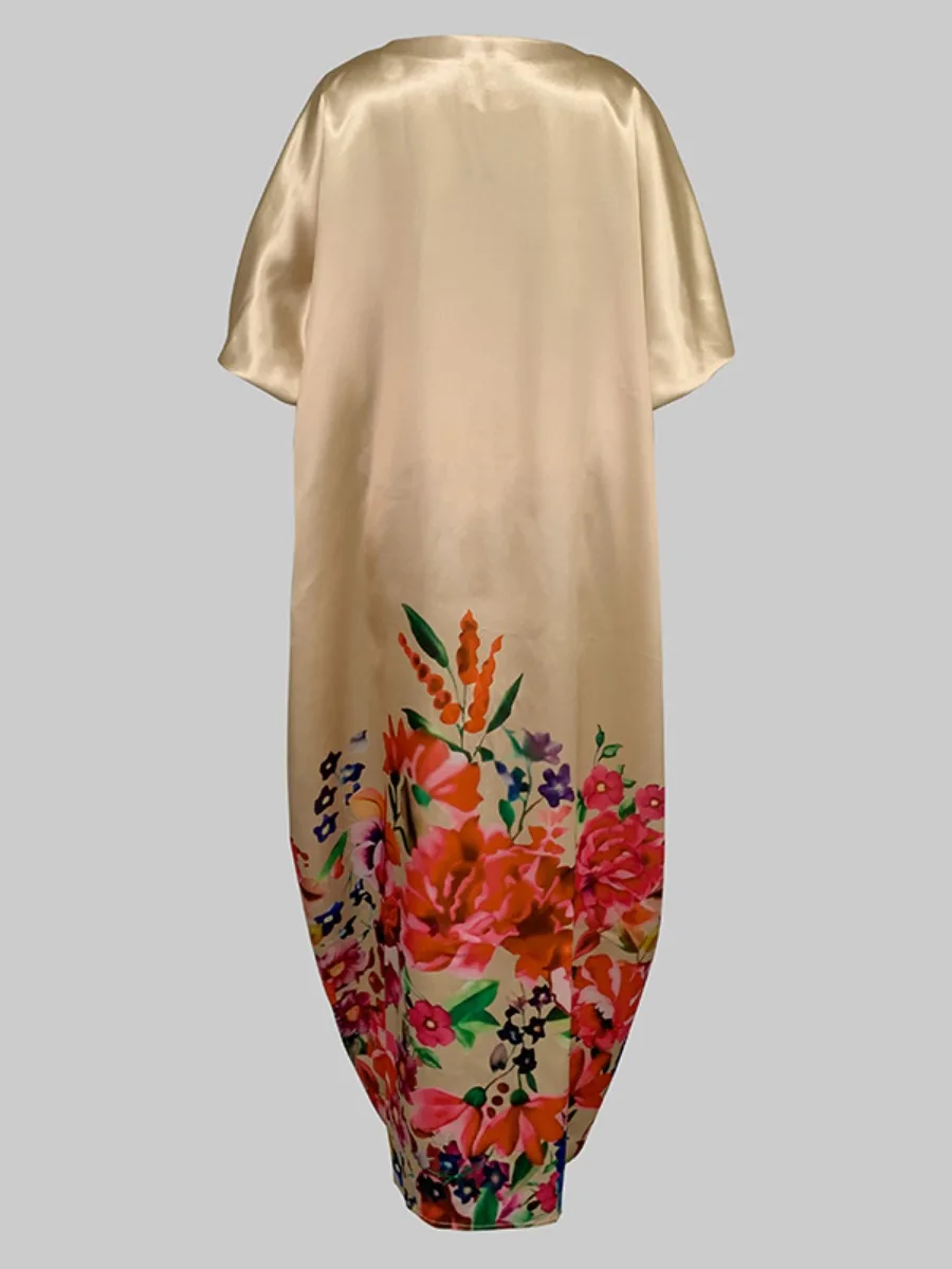 Bonboho Women's Long Dress 2024 Fashion Round Neck Puff Sleeves Floral Print Evening Dresses Split-front Loose Fit Party Dress