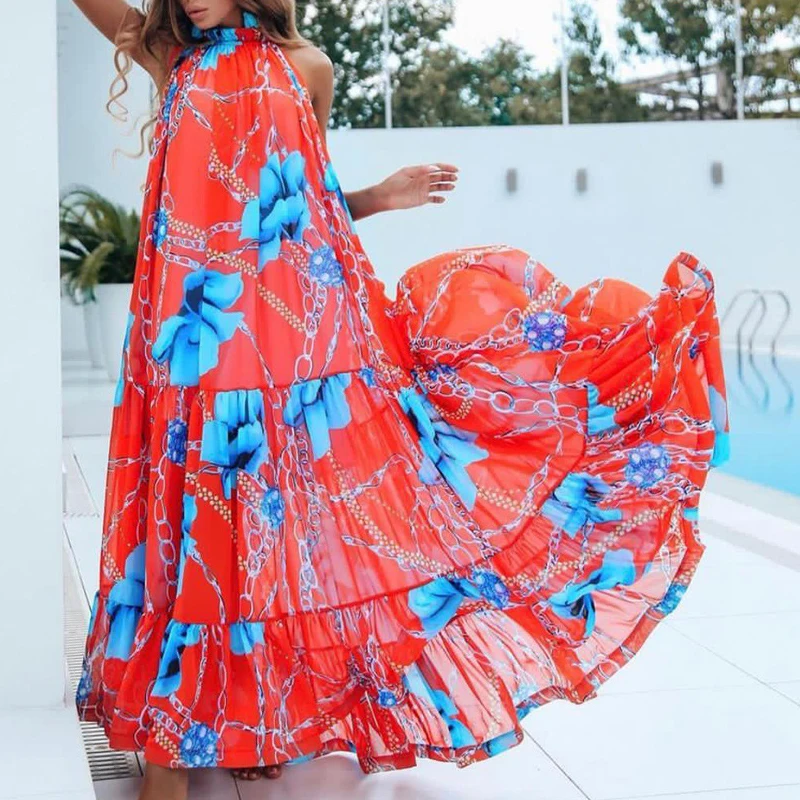 Sexy Summer Party Dress Women Fashion Bow Straps High Waist Pleated Beach Dress Chiffon Casual Floral Print Bohemian Long Dress Sexy Summer Party Dress Women Fashion Bow Straps High Waist Pleated Beach Dress Chiffon Casual Floral Print Bohemian Long Dress