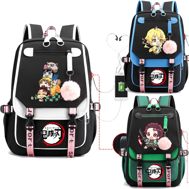 Japanese Anime Demon Slayer Backpack Nezuko Tanjirou Zenitsu Usb Bagpacks Fashion Women Men Travel Bag Girls Boys School Bags