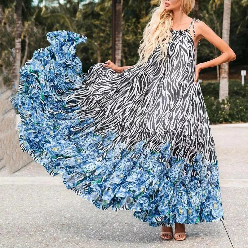 Sexy Summer Party Dress Women Fashion Bow Straps High Waist Pleated Beach Dress Chiffon Casual Floral Print Bohemian Long Dress Sexy Summer Party Dress Women Fashion Bow Straps High Waist Pleated Beach Dress Chiffon Casual Floral Print Bohemian Long Dress