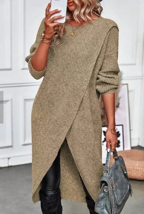Women's Autumn Knitted Long Dress Solid Color Round Neck Pullover Long Sleeve Slim Temperament Commuting Irregular Dress Jacket Women's Autumn Knitted Long Dress Solid Color Round Neck Pullover Long Sleeve Slim Temperament Commuting Irregular Dress Jacket