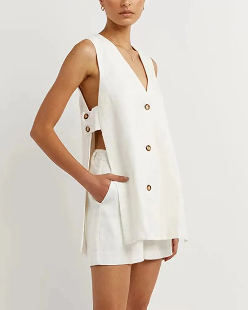 White Cotton Set For Women's Fashion Sexy Hollow Button Long Sleeveless Top Shorts Elastic Waist Comfortable Home Suit Women's White Cotton Set For Women's Fashion Sexy Hollow Button Long Sleeveless Top Shorts Elastic Waist Comfortable Home Suit Women's