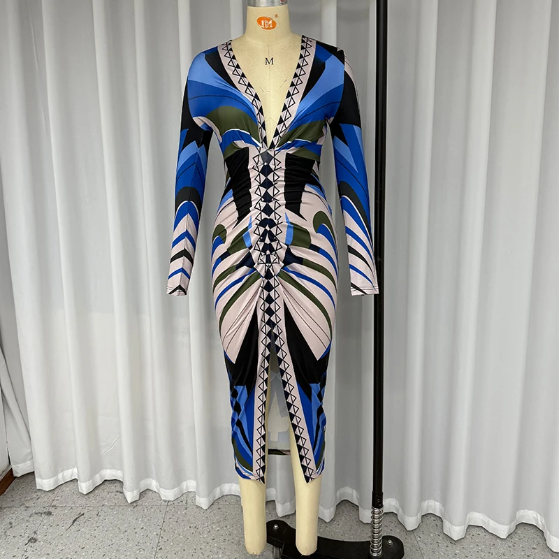 Wefads Long Dress Women Clothing Printed Long Sleeve V Neck Pleated Nipped Waist Slim Slit Casual Dresses Streetwear Wefads Long Dress Women Clothing Printed Long Sleeve V Neck Pleated Nipped Waist Slim Slit Casual Dresses Streetwear