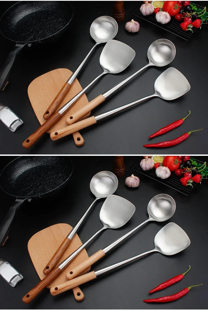 304 Stainless Steel Spatula Spoon With Wooden Handle Lengthened Cooking Spoon Anti-Scalding Cooking Shovel Kitchenware 304 Stainless Steel Spatula Spoon With Wooden Handle Lengthened Cooking Spoon Anti-Scalding Cooking Shovel Kitchenware