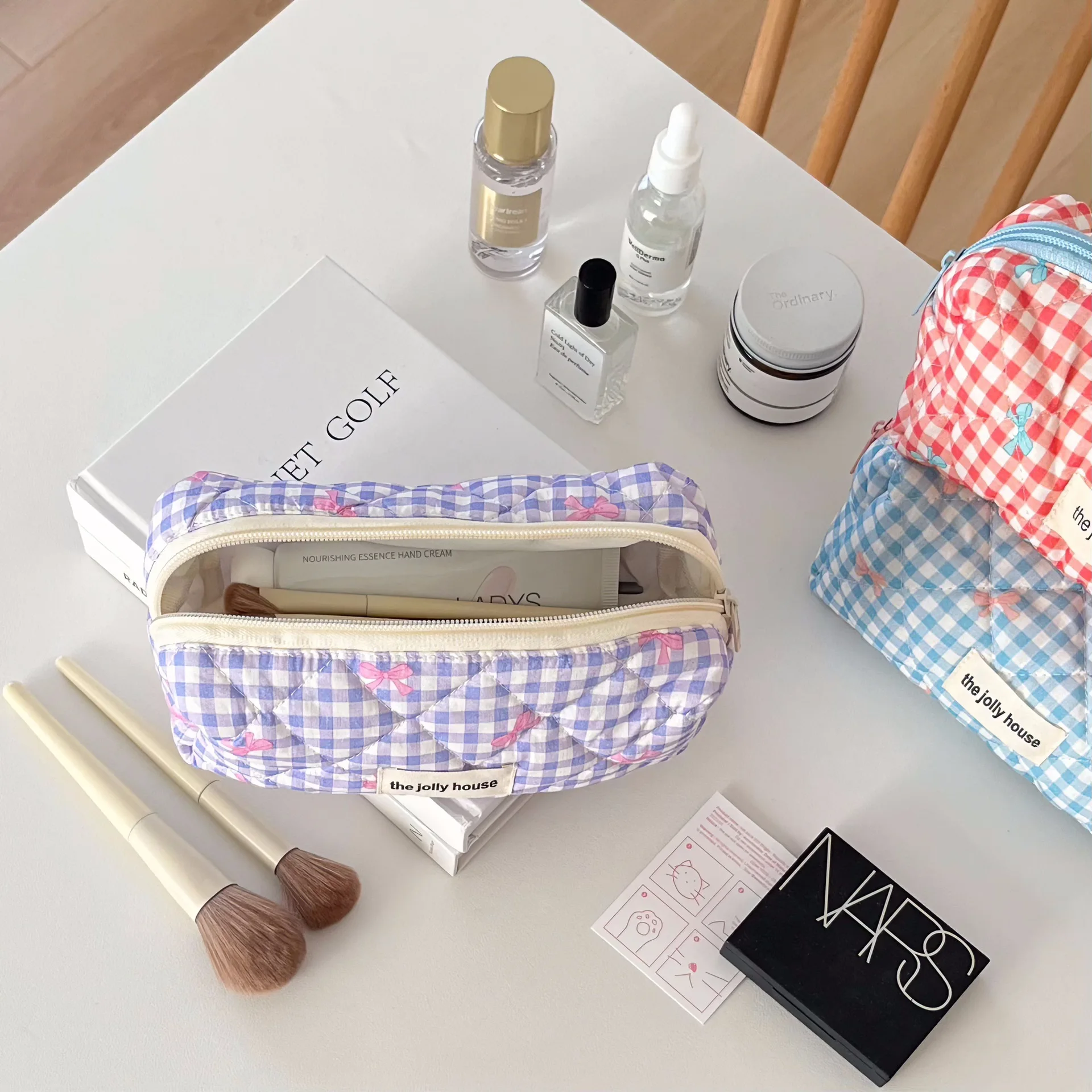 Fresh Plaid Bow Print Pencil Case Big Size Pen Bag Quilting Seam Stationary Storage Pouch