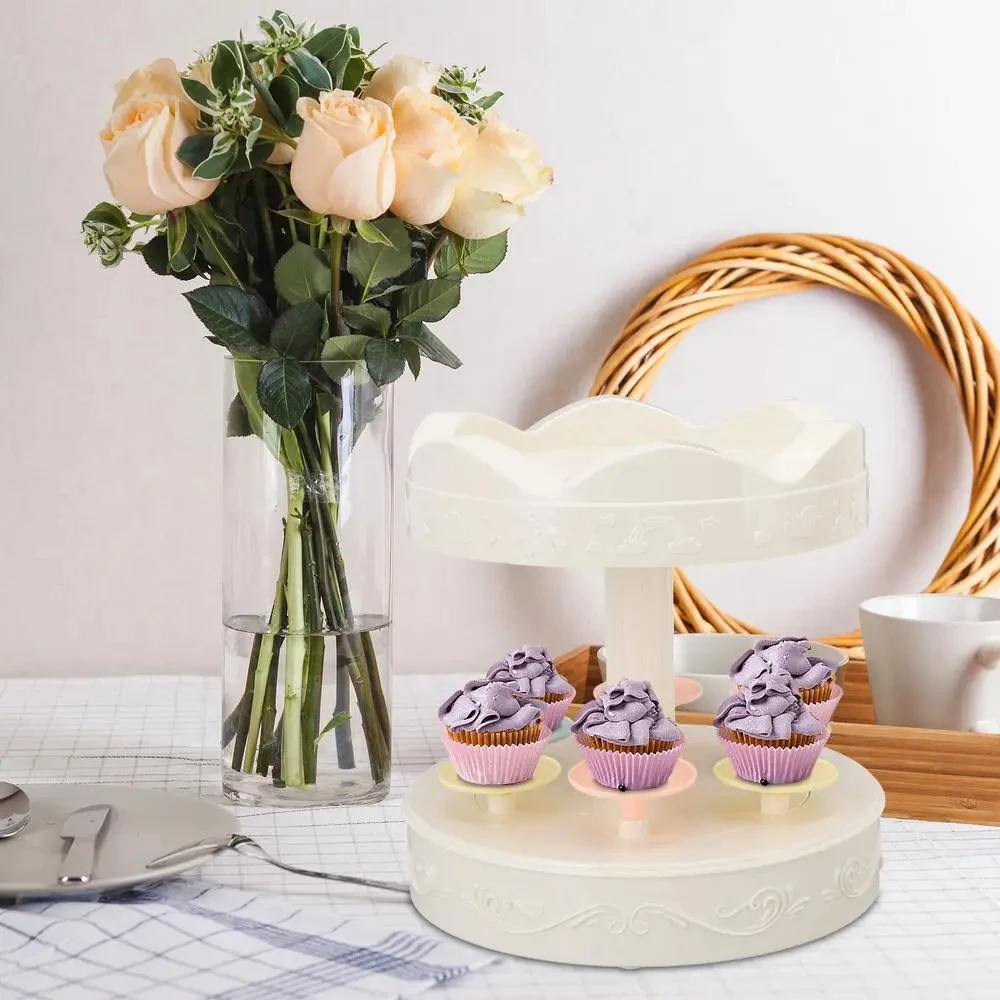 2-tier Automatic Rotating Cake Stand Sushi Dessert Cupcake Macaron Display Tray Wedding Birthday Party Supplies Cakes Turnables