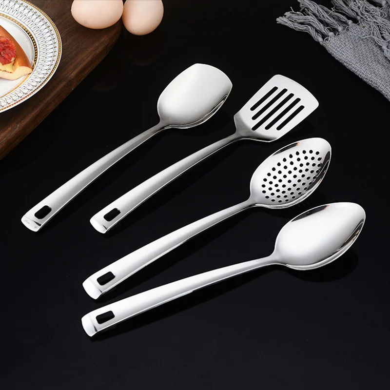 Silver Stainless Steel Soup Spoon Flat Colander Serving Spoon Cake Spatula Leaking Shovel Public Cutlery Set Cooking Utensil