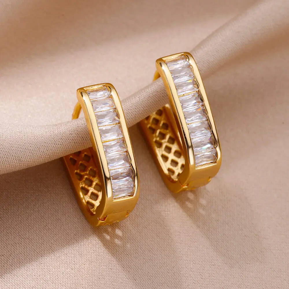 Shiny Zircon Circle Square Hoop Earrings for Women Gold Color Stainless Steel Earrings Luxury Christmas Jewelry Wedding aretes Shiny Zircon Circle Square Hoop Earrings for Women Gold Color Stainless Steel Earrings Luxury Christmas Jewelry Wedding aretes