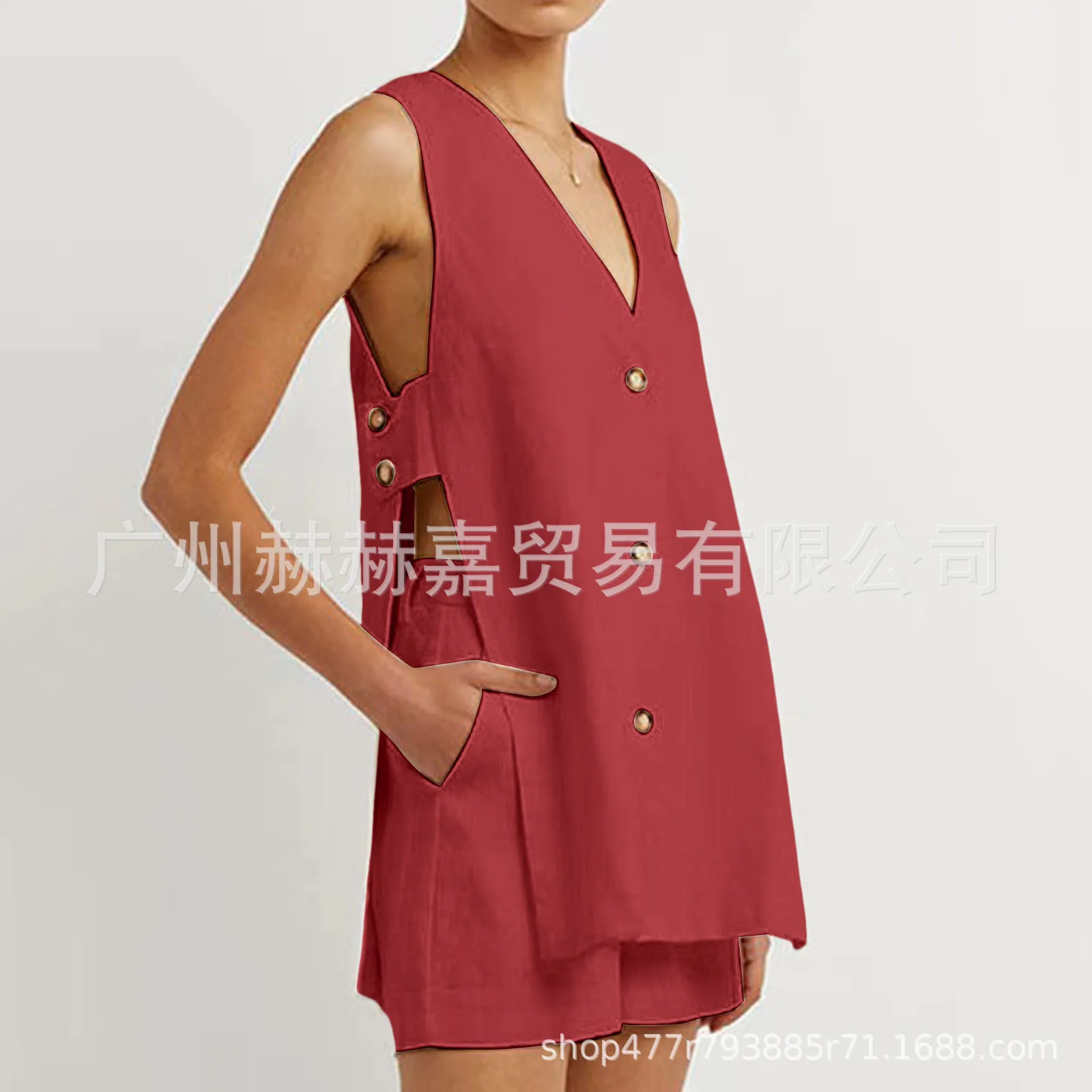 White Cotton Set For Women's Fashion Sexy Hollow Button Long Sleeveless Top Shorts Elastic Waist Comfortable Home Suit Women's White Cotton Set For Women's Fashion Sexy Hollow Button Long Sleeveless Top Shorts Elastic Waist Comfortable Home Suit Women's